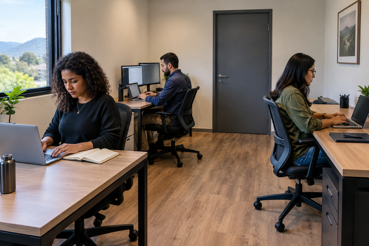 Equipe trabalhando com notebooks em sala privativa, com mesas organizadas e porta fechada.